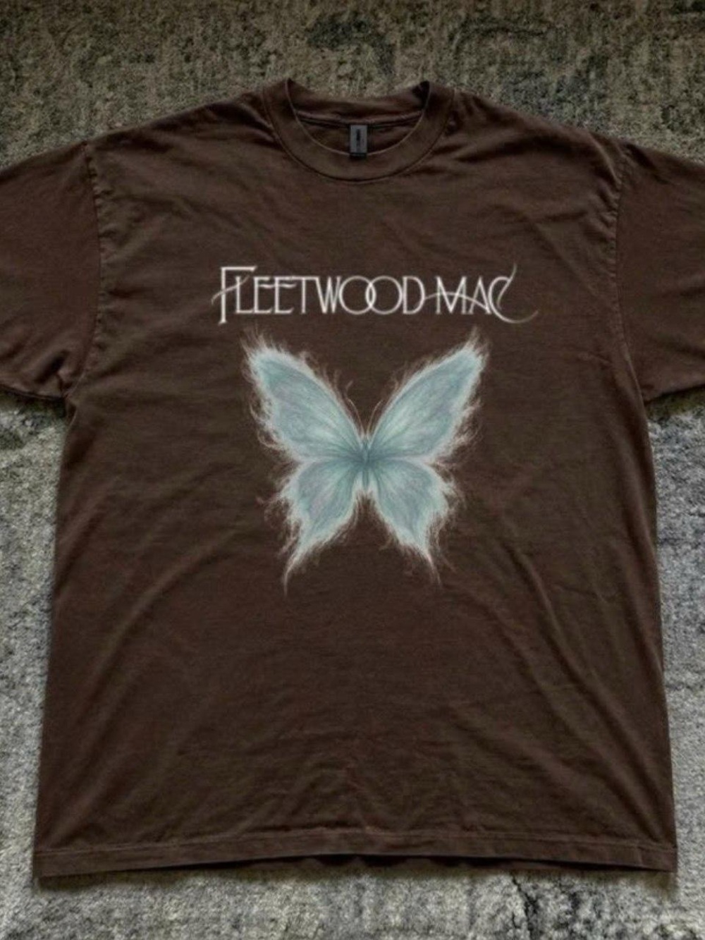Gildan Brown Tee with Pale Blue Butterfly Fleetwood Mac Graphic